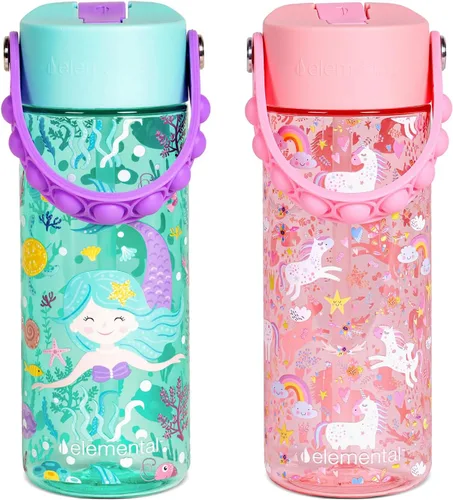 Vista 33 de Elemental Botellas de agua para niños – Botella de agua para niños Splash para la escuela con mango Pop-it – Botella de agua de plástico Tritan sin