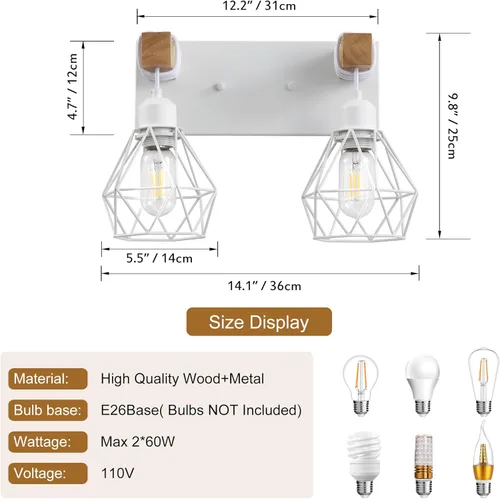 Vista 4 de Juego de 2 luces de tocador estilo granja para baño, accesorios de iluminación de madera blanca sobre espejo, apliques rústicos de pared
