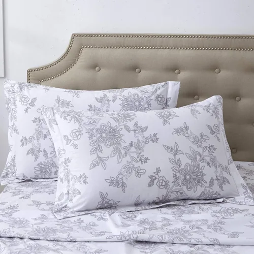 Vista 21 de FADFAY Juego de sábanas bajeras de tamaño individual color gris con estampado floral blanco con bolsillo profundo, súper suaves, de fácil cuidado