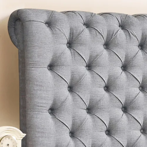 Vista 33 de Rosevera Gideon - Marco de cama tapizado de tela con cabecera ajustable, estilo Chesterfield, soporte de listones de madera, fácil montaje