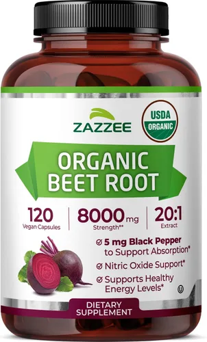 Vista 10 de Zazzee USDA Orgánico Extracto de Raíz de Remolacha 8000 mg Concentración 20:1, 60 Cápsulas Veganas de Liberación Rápida, Extracto de Pimienta Negra