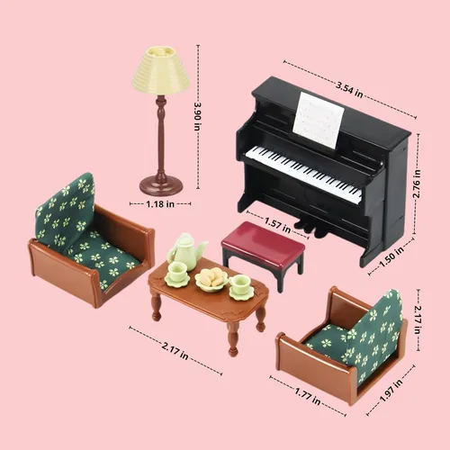 Vista 3 de Juego de Casa de Muñecas Familiar para Sala de Estar — Piano con Banco y Partitura, Dos Sillones, Mesa de Centro, Lámpara de Pie y Juego de Té