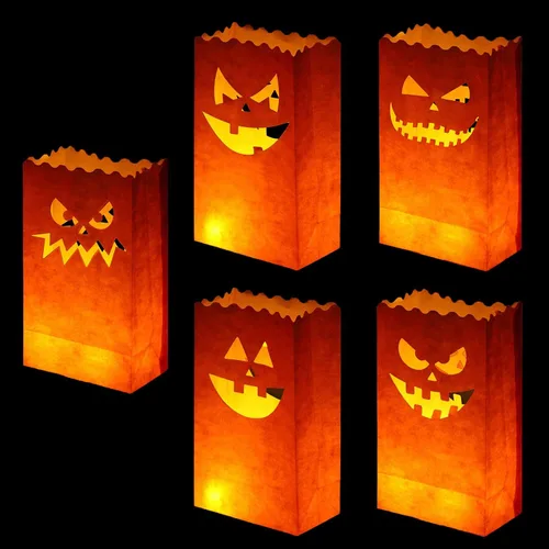 Stmarry 50 bolsas luminarias de Halloween, bolsas para velas resistentes al fuego, portavelas de té Jack-o'-Lantern para decoraciones de fiesta de