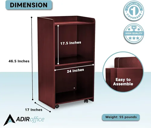 Vista 4 de AdirOffice Podio con ruedas, soporte de anfitriona para restaurante, soporte de podio rodante, caoba
