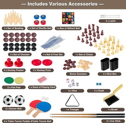 Vista 5 de Giantex Mesa de juego múltiple 10 en 1, juego de mesa de juego combinado con hockey, futbolín, piscina, tarjetas de ajedrez de ping-pong, bolos