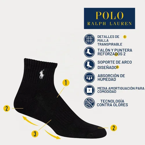 Vista 4 de Polo Ralph Lauren Paquete de 6 calcetines deportivos para hombre Negro