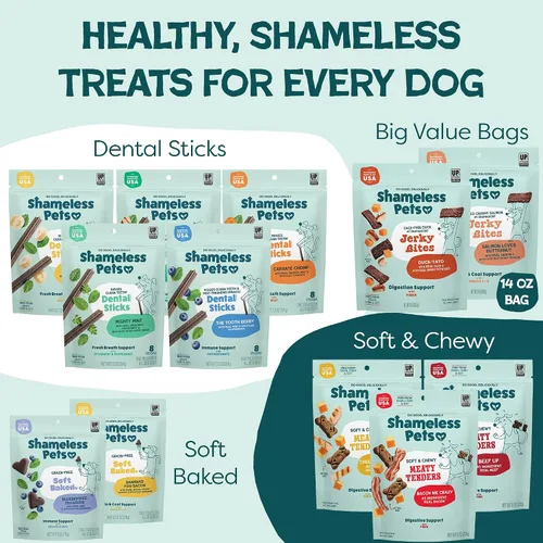 Vista 9 de Shameless Pets Golosinas para perros de cecina, paquete variado de 4 – Masticables saludables con salmón y pato – Golosinas naturales para perros