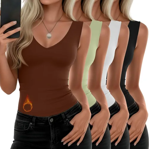 Vista 11 de Paquete de 4 camisetas térmicas sin mangas para mujer, con cuello en V, forro polar, sin mangas, cálido, chaleco de capa base