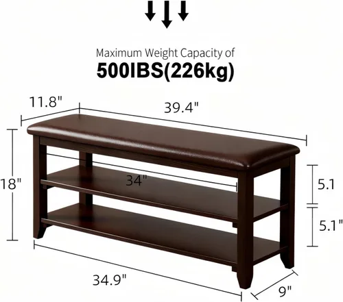 Vista 2 de Banco de zapatos con cojín de cuero, banco de entrada de madera maciza rústica con 2 estantes ajustables en altura y extraíbles para pasillo, sala