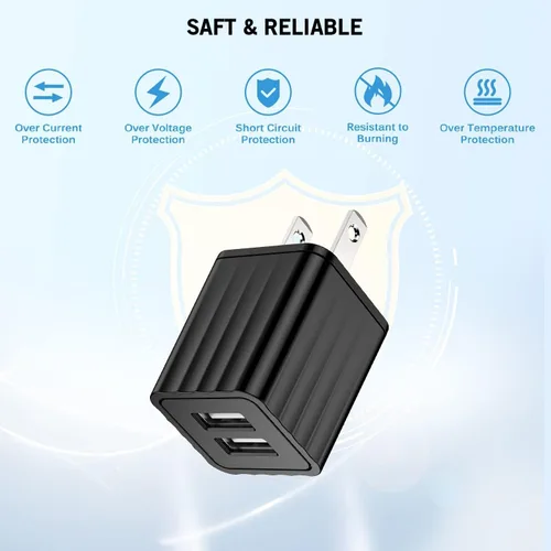 Vista 2 de Cargador rápido para iPhone, paquete de 2 cargadores de pared de doble puerto con carga rápida de 6.6 pies de largo, cable USB a Lightning trenzado