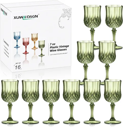Vista 21 de XUWAIDSGN 16 Piezas Copas de Vino Vintage de Plástico de 7oz Vasos para Beber Irrompibles Cristalería para Bodas Copas de Agua de Cristal