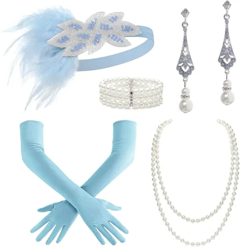Vista 14 de BABEYOND - Accesorios estilo 1920s, Set de accesorios para disfraz Gatsby de los años 20s, diadema Flapper, collar de perlas, guantes, soporte