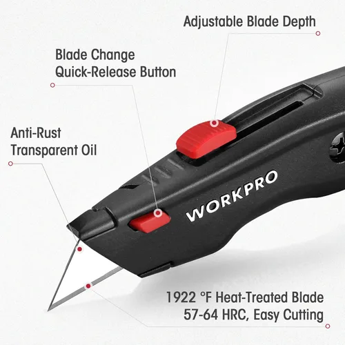 Vista 8 de WORKPRO Cuchillo Utilitario Premium, Cortador de Caja Retractable Todo Metálico de Alta Resistencia, Cuchillo de Afeitar con Cambio Rápido