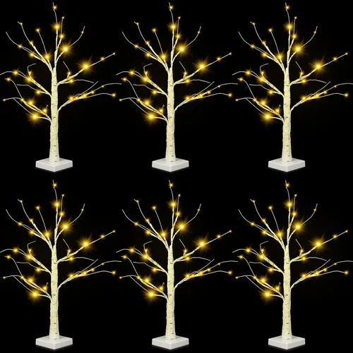 Tuanse Decoraciones de Navidad, juego de 6 abedul blanco con luces LED de 2 pies, 24 luces LED, árbol de Navidad blanco alimentado por pilas para