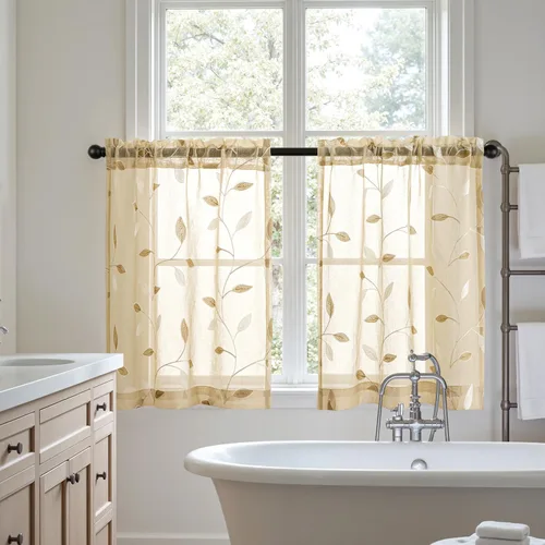 Vista 7 de MIULEE Cortinas traslúcidas beige 2 paneles bordados con estampado de hojas, bolsillo para barra, floral, semitransparentes, de lino sintético