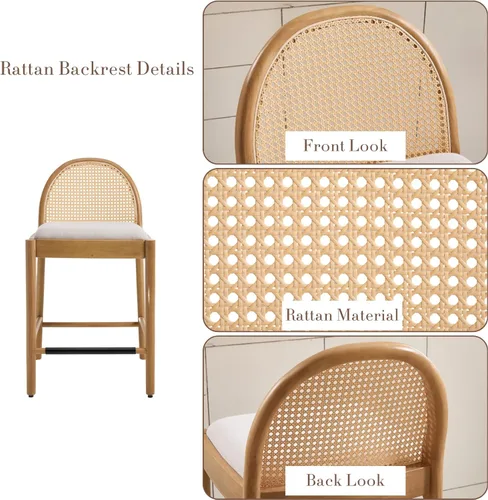 Vista 6 de HEAH-YO Rattan Counter Stools Set of 2, 26 Inches Counter Height Bar Stools with Backrests and Wood Legs, Uphlostered Linen Fabric Counter Height