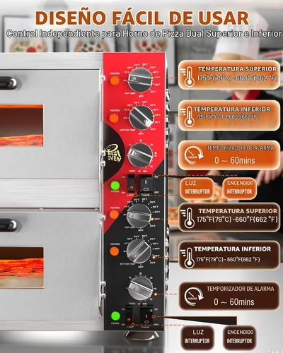 Vista 5 de WantJoin Horno de pizza interior de 16 pulgadas, horno eléctrico comercial de doble cubierta con piedra para pizza, temperatura ajustable de 175 a