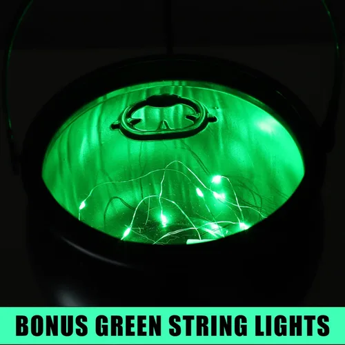 Vista 5 de Caldero de brujas de Halloween, caldero de brujas de plástico negro en trípode con luz LED verde, decoración colgante de Halloween Hocus Pocus