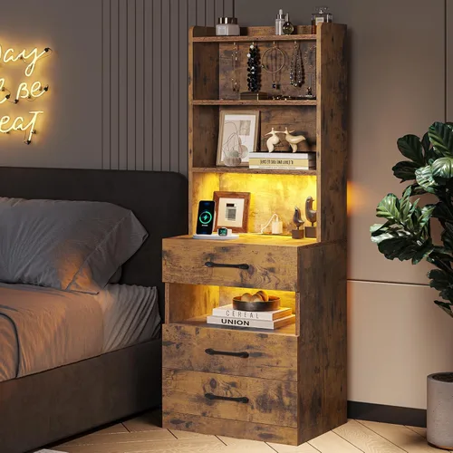 Vista 8 de VIAGDO Juego de 2 mesitas de noche altas con estación de carga y luces LED, juego de 2 mesitas de noche marrón rústico con estantería, mesas