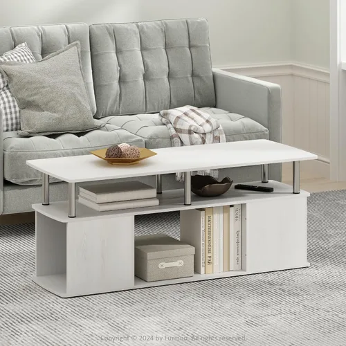Vista 10 de Furinno Jaya - Mesa auxiliar rectangular moderna con estante abierto, mesa auxiliar con almacenamiento lateral, para sala de estar, dormitorio Pino