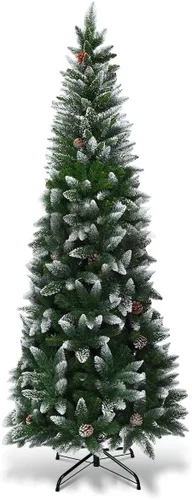 Vista 23 de Goplus Árbol de Navidad de 6.5 pies preiluminado de color azul, delgado, árbol de Navidad artificial con bisagras con 200 luces LED blancas cálidas