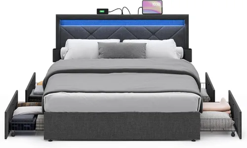 Vista 10 de VASAGLE Base de cama LED tamaño matrimonial, cama matrimonial con cabecera y 4 cajones, 1 puerto USB y 1 puerto tipo C, cabecera tapizada ajustable