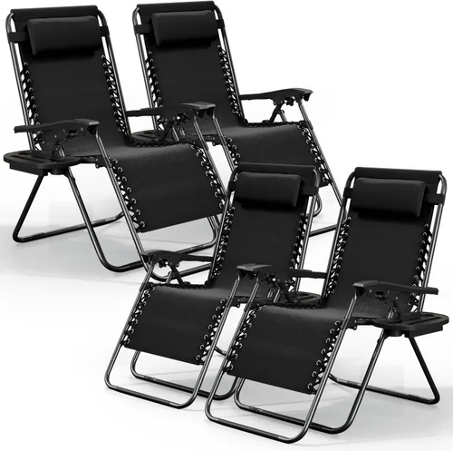 Vista 23 de Nestl Zero Gravity - Juego de 2 sillas de patio al aire libre con almohadas y bandejas portavasos, silla de campamento reclinable de malla de acero