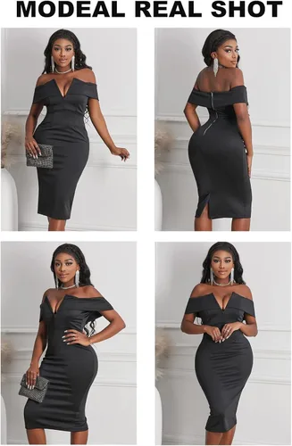 Vista 4 de AlvaQ - Vestido de mujer, sensual, con cuello en V, sin hombros, estilo club midi