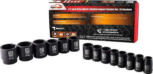 Vista 10 de EPAuto Juego de dados de impacto métricos poco profundos de 1/2 pulgada, Cr-V, 6 puntos, 14 dados