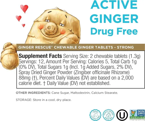Vista 3 de Ginger Rescue - Tabletas masticables de The Ginger People – Salud digestiva sin medicamentos, tabletas masticables, fuerte sabor a jengibre, 0.55