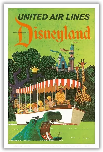 California - Jungle Cruise Hippo - United Air Lines - Póster vintage de viaje de aerolínea por Stan Galli c.1960s - Impresión artística maestra (sin