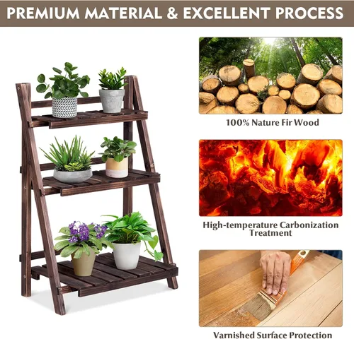 Vista 7 de Giantex 3 Tier Folding Wooden Plant Stand, Indoor Flower Pot Holder Display Rack, Free Installation Corner Plants Storage Shelf, Foldable Rustic