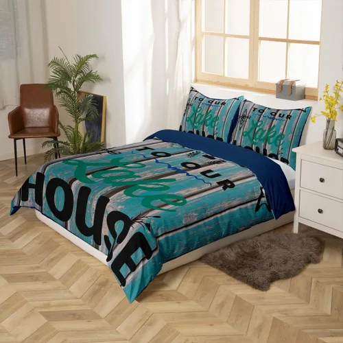 Vista 2 de Erosebridal Lake House Bedding - Funda de edredón tamaño individual, diseño de lancha de remo para pescar, funda de edredón rústica