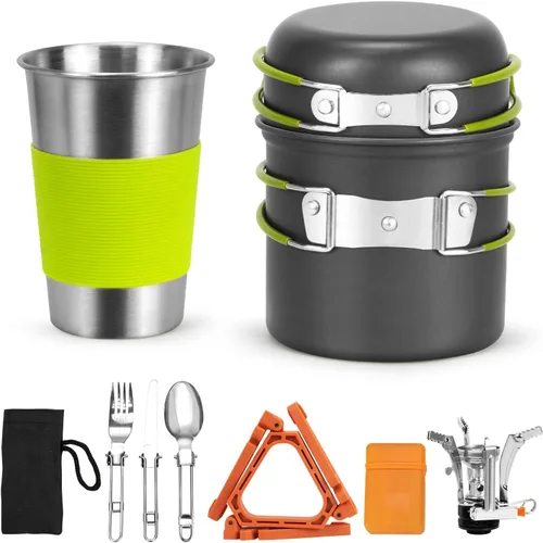 Utensilios de cocina para camping, estufa de mochilero, trípode y taza de campamento de acero inoxidable, kit de cuchara de tenedor para senderismo