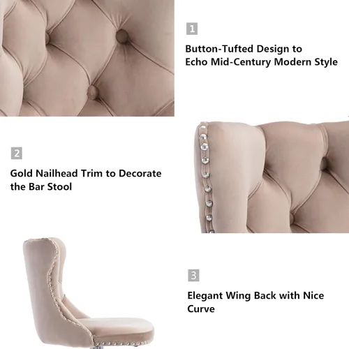 Vista 49 de Aoowow Juego de 2 taburetes de bar giratorios, taburetes de bar ajustables con respaldo de terciopelo copetudo, sillas de bar modernas tapizadas