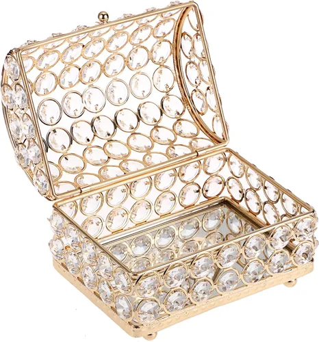 Hipiwe Joyero de cristal grande dorado con tapa, organizador de joyas con espejo, caja de recuerdos, aretes, anillos, caja de joyería decorativa,