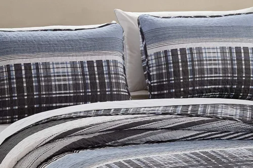 Vista 2 de Kids Zone Home Linen Colcha unisex con patrón de cuadros gris claro y blanco carbón (individual/individual extra largo)