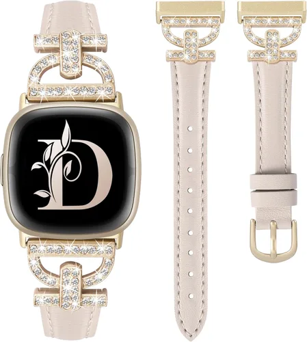 Vista 10 de Minyee Correas de cuero compatibles con Fitbit Versa 4/Versa 3/Sense 2/Sense Band para mujer, correa de cuero delgada elegante con diamantes