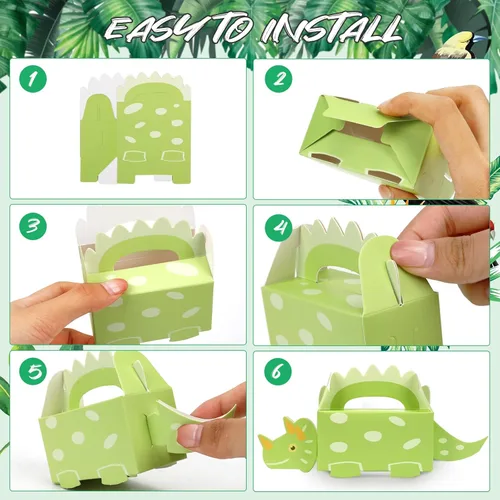 Vista 4 de DPKOW Paquete de 24 cajas de golosinas de dinosaurio, bolsas de dulces para recuerdos de fiesta, cajas de golosinas de dinosaurios en forma 3D