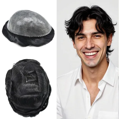 Toupee - Sistema de reemplazo de cabello humano inyectado de piel fina de poliéster para hombre, postizo de pelo corto, peluca de cabello corto, 8 x