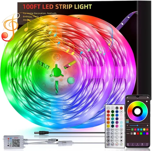 HBOWMDJIA - Tira de luces LED de 100 pies para dormitorio, sincronización de música, tira de luces LED con cambio de color, tira de luces LED con