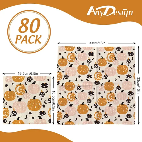 Vista 2 de AnyDesign Paquete de 80 servilletas de papel de otoño de 6.5 pulgadas, servilletas de calabaza naranja y rosa, servilletas desechables cuadradas