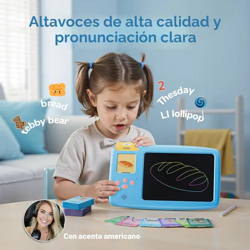 Vista 5 de Tarjetas didácticas parlantes para niños pequeños: tableta de escritura LCD 2 en 1 con 510 palabras visuales, aprendizaje de idiomas Montessori, Azul