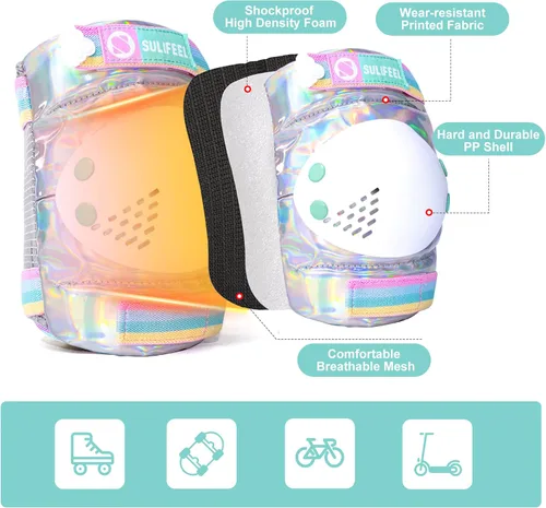 Vista 4 de SULIFEEL Patines de unicornio arcoíris para niños con equipo de protección ajustable, brillante, mediano