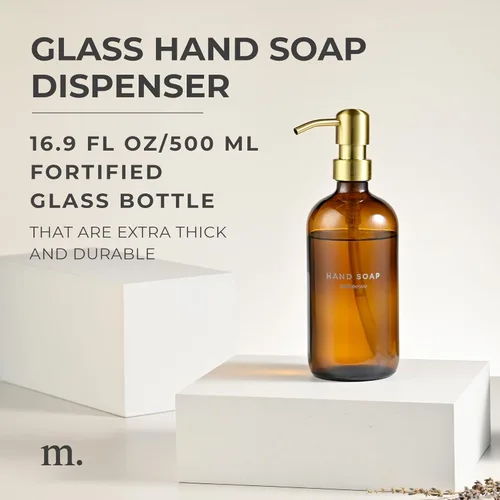 Vista 2 de MaisoNovo - Juego de dispensador de jabón de 1 pieza Botellas ámbar de 16.9 oz con bomba de acero inoxidable dorado