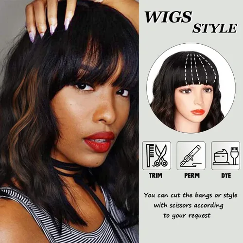Vista 5 de Peluca sintética rizada estilo Bob con flequillo para mujer, peluca suelta y ondulada, longitud al hombro, pelucas sintéticas resistentes al calor
