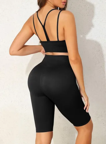 Vista 2 de Aleumdr Womens Active Wear Workout Sets Gym Yoga 2 Piece Outfits Ribbed Seamless Leggings and Crop Top Biker Short Set