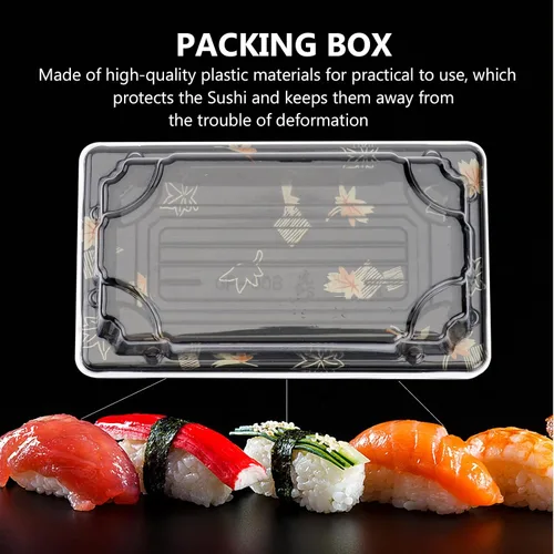 Vista 2 de Yardwe Caja de sushi desechable con tapa, 100 recipientes para sushi, frutas, postres, pasteles, cajas de almacenamiento de alimentos negras