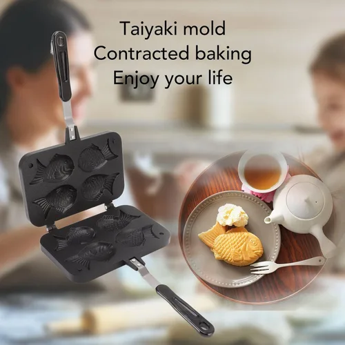 Vista 3 de Taiyaki - Molde para tartas, 4 bandejas con forma de pescado, para hacer gofres, antiadherente, mango antiquemaduras