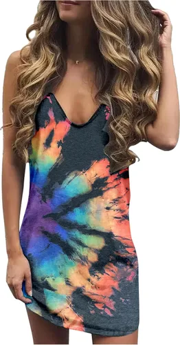 Vestido corto de verano con cuello en V para mujer, casual, playa, sin mangas, camiseta de verano, sexy, vintage, gráfico, sin mangas